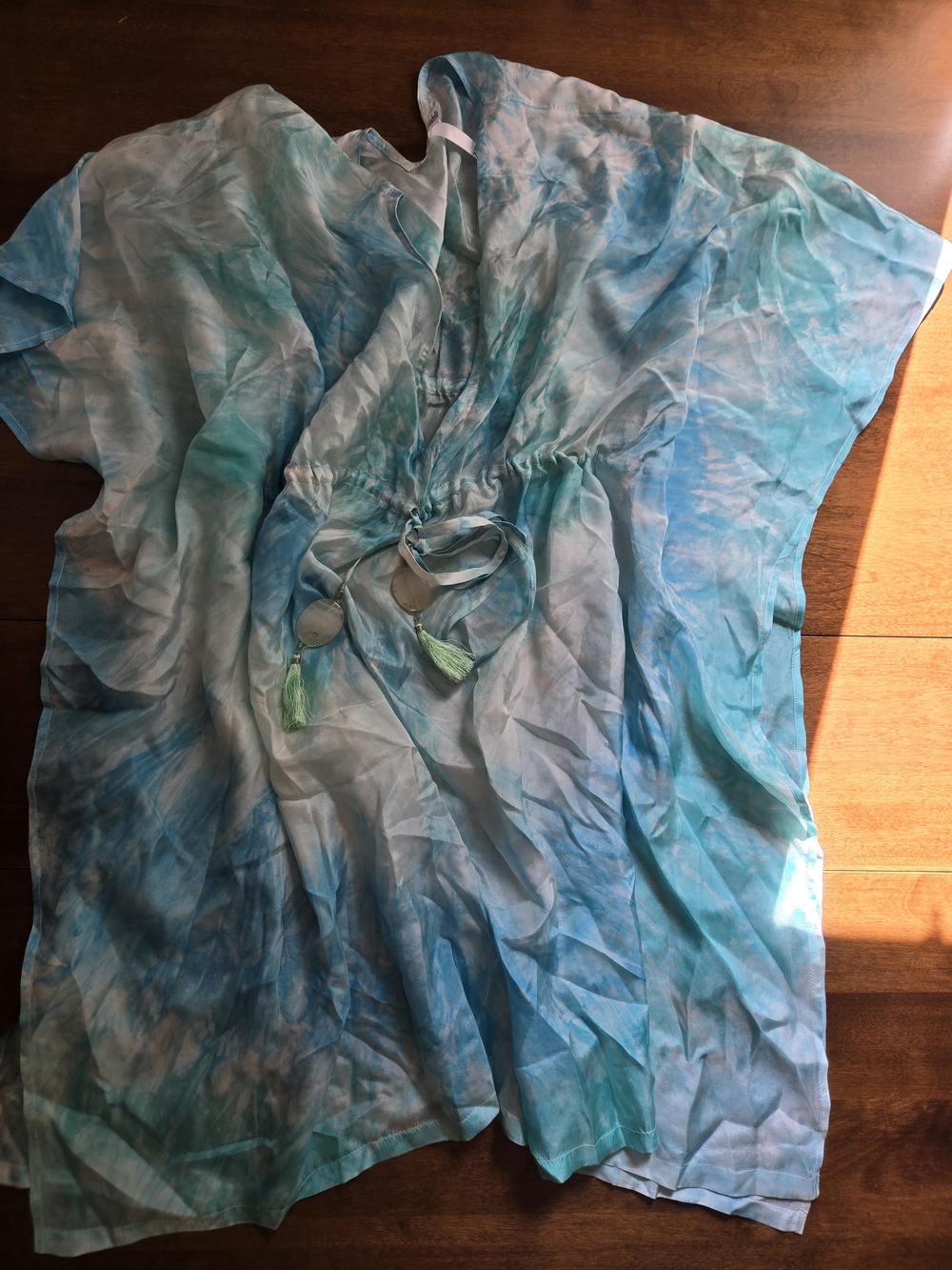 Lightweight sheer tunic/cover up in dreamy aqua, turquoise, and white tie-dye to